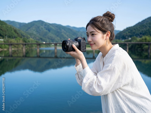 Fototapeta 初夏の青空と山並みを映す水辺でカメラを構えるお団子ヘアの女性