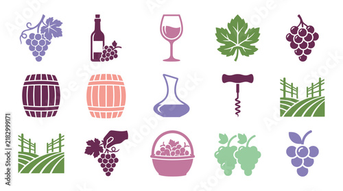Wine and grapes icons set collection.