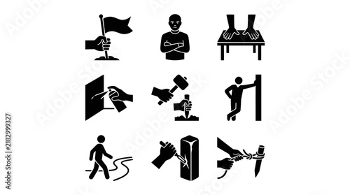 Black silhouettes of various people actions.