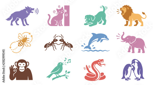 Colorful animal icons on white background.
