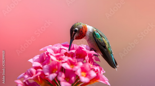 Iridescent Turquoise and Coral Hummingbird Close-Up Shot