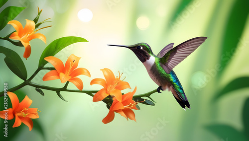 Iridescent Hummingbird Hovering on Orange Flowers in Lush Green Jungle Setting