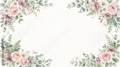 Watercolor floral corner frame background with pink roses and green leaves isolated on white background