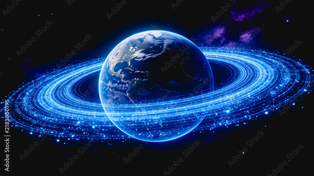 Fototapeta premium Imaginary Earth with Glowing Blue Planetary Rings in Outer Space