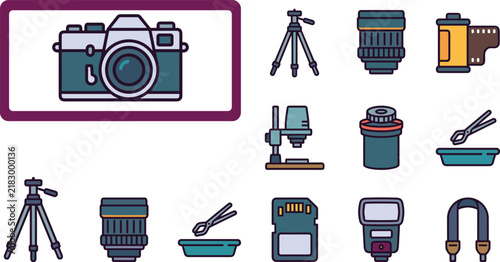 Photography Studio and Darkroom Processing Equipment Lineal Color Icon Set