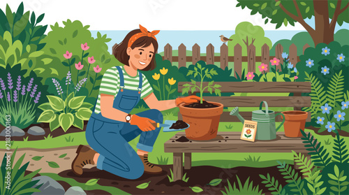 Woman Gardening and Planting Seedling in Pot in a Vibrant Home Garden