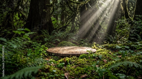 Empty round wooden podium resting on moss in a dark forest with bright morning sunbeams, sustainable ecology environment, natural showcase stage for eco friendly product presentation