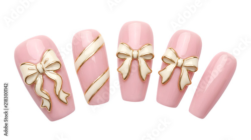 Elegant pink press-on nails with 3D bows. Soft ladylike manicure set. Delicate gold ribbon details. Gift box nail art style. Feminine aesthetic for spring or weddings.