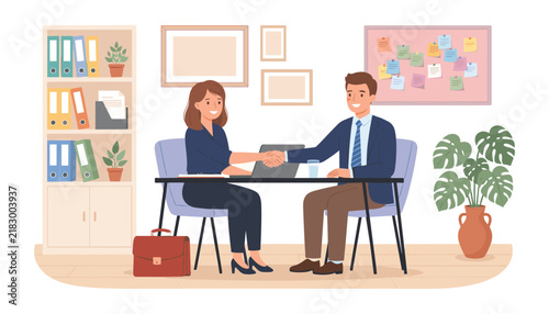 Business partners shaking hands at desk in modern office after successful job interview meeting and agreement vector