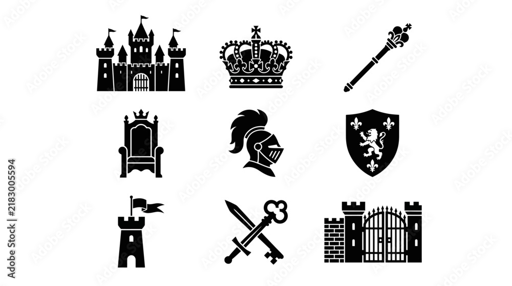 Naklejka premium Medieval Castle and Royal Symbols.