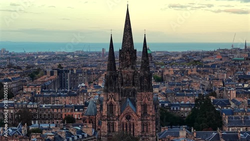Beautiful Aerial View of St Marys Episcopal Cathedral and Edinburgh Skyline, Scotland