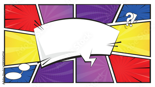 Comic Book Style Background Banner, Colorful Pop Art Halftone Sunburst Speech Bubble Vector Layout