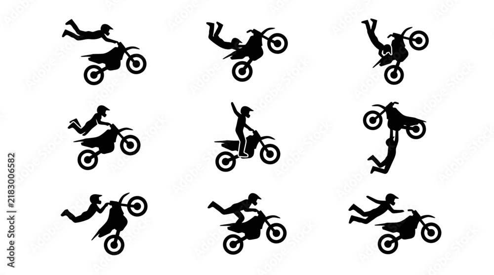 Fototapeta premium Motorcycle Tricks Silhouette Icons Set.