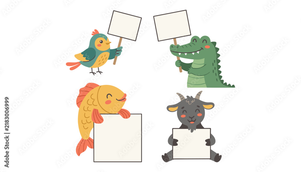 Fototapeta premium Cute cartoon animals holding blank signs and banners for message template isolated on white background vector