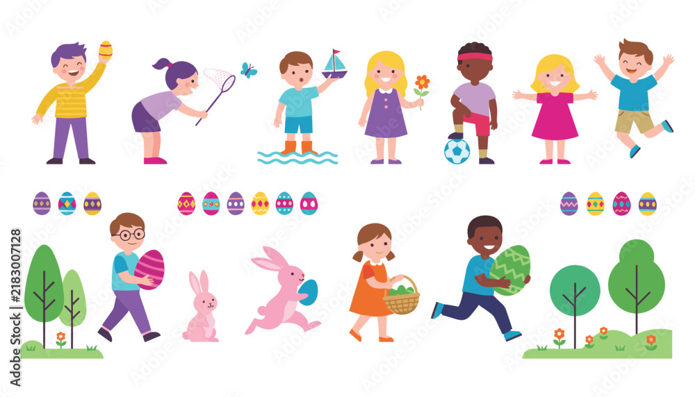 Naklejka premium Happy children enjoying summer outdoor activities and Easter egg hunt vector character icons collection set