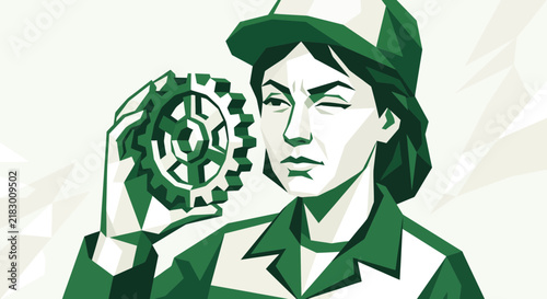 Woman holding gear, industrial worker, modern illustration