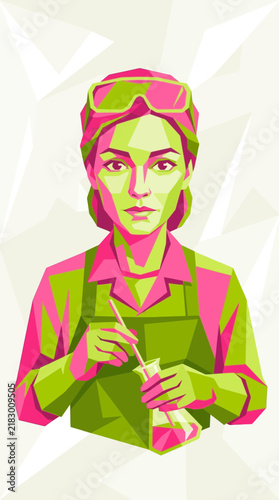 Woman scientist in lab, low poly, pink green