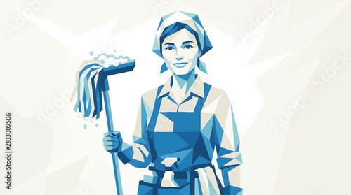 Woman cleaning with mop, low poly illustration