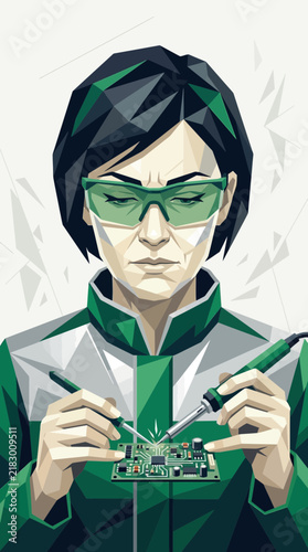 Woman soldering circuit board, digital illustration, futuristic style