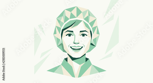 Woman in geometric shower cap, low poly portrait, pastel colors