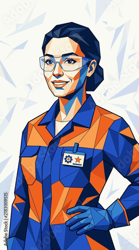 Woman in blue orange uniform, safety glasses, low poly style illustration