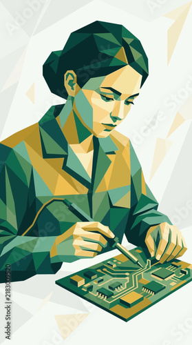 Woman soldering circuit board, geometric low poly illustration, technology concept