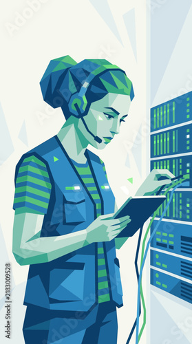 Woman technician with tablet, headset, checking server rack in data center
