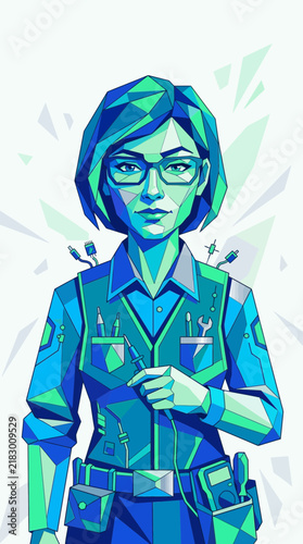Woman technician, low poly style, holding cable, tools, tech background