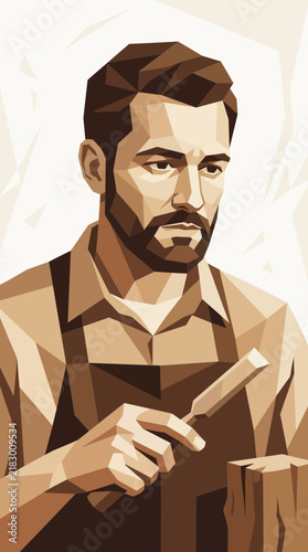 Woodworker crafting with chisel in geometric art style