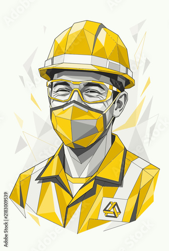 Worker in hard hat, safety glasses, and face mask, abstract geometric low poly style, yellow and gray