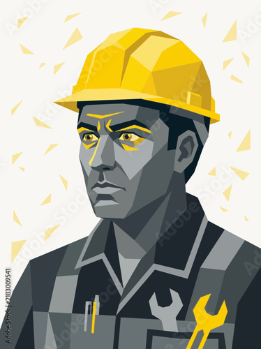 Worker in Hard Hat with Wrench, Geometric Style Portrait