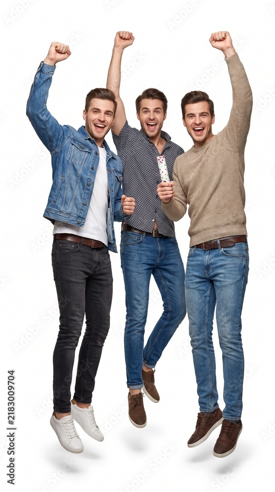 Obraz premium Group of three excited young men jumping together with raised hands in victory celebration isolated on white background.