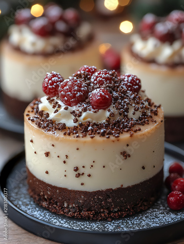 Mini layered chocolate cheesecakes with whipped cream topping