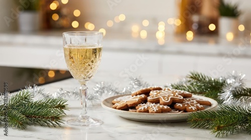Glass of champagne and cookies on marble table.
