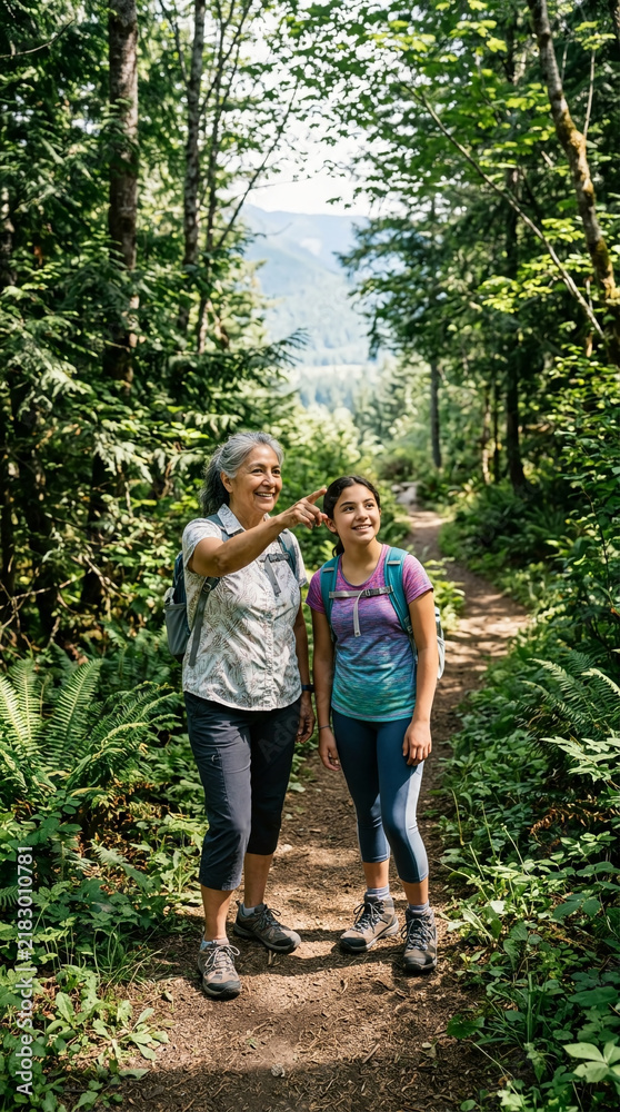 Fototapeta premium Grandmother and Granddaughter Bonding While Hiking Through a Scenic Forest Trail with Mountains in the Background During a Sunny Summer Vacation Day