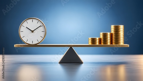 White wall clock balancing with ascending gold coin stacks on golden seesaw representing time value