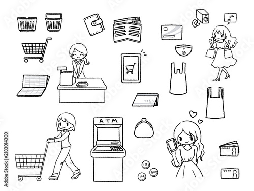 お買い物、お金のイラストセット線画