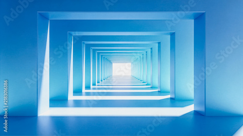 Obraz na płótnie Symmetrical Tunnel of Blue Rectangular Frames Leading to Light