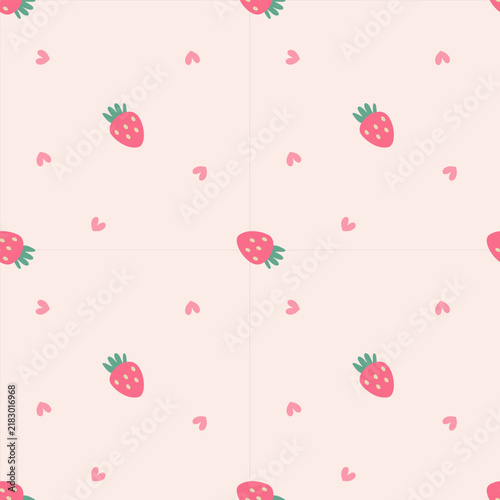 Cute Strawberry and Heart Seamless Pattern on Soft Pink Background