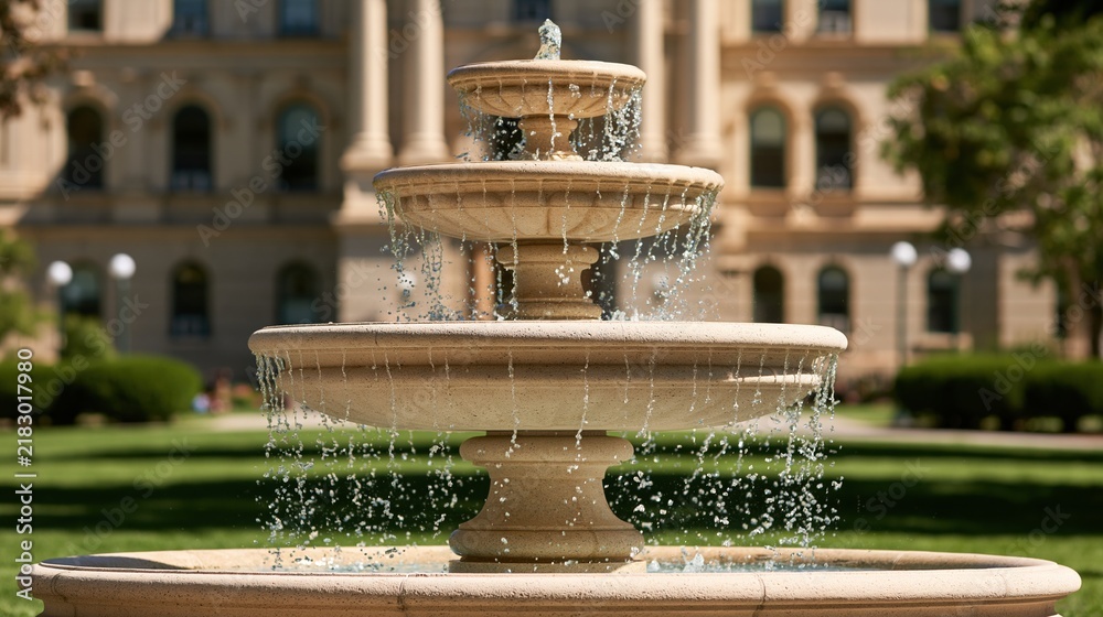 Obraz premium Three tiered stone fountain spraying water on sunny