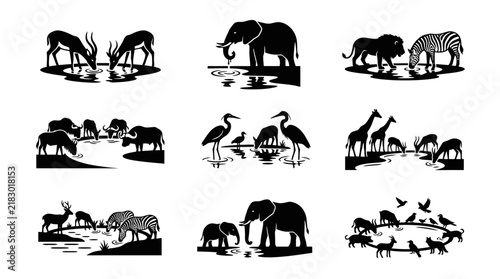 Black silhouettes of various wild animals.