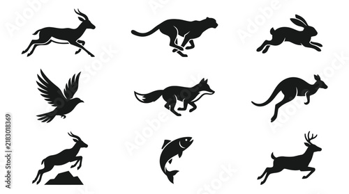 Silhouettes of various wild animals running.