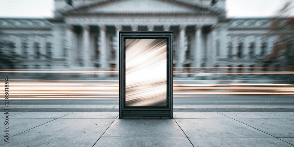 Obraz premium Empty vertical billboard on city sidewalk with blurred