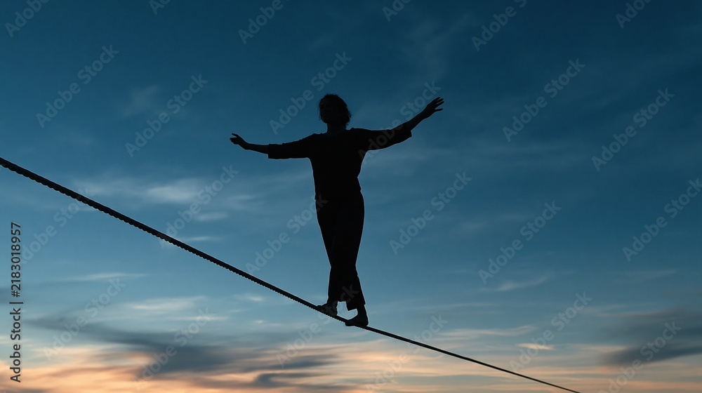 Obraz premium Silhouette of person balancing on tightrope against twilight