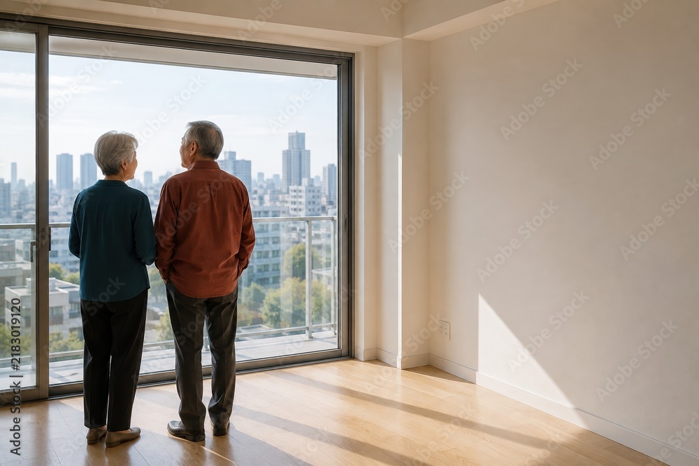 Obraz premium Senior Couple Takes In Beautiful Cityscape From Their Stylish Apartment Window