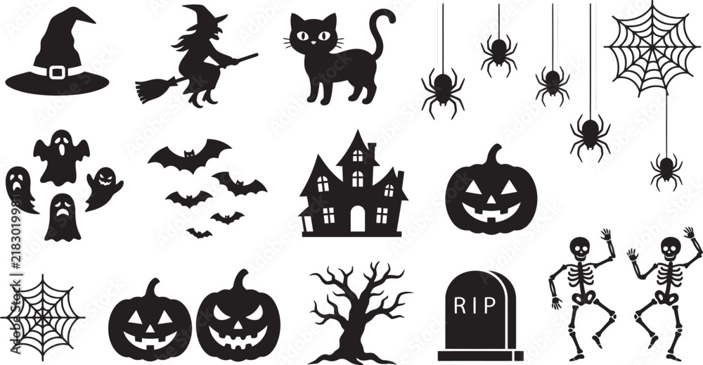 Fototapeta premium Halloween Icons Set with Pumpkin, Bat, Witch, Cat, Ghost, Spider and Hat in Cartoon Vector Style for Spooky October Holiday Celebration