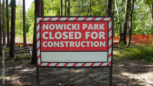 A construction sign shows a closed Nowicki Park in Rochester Hills, Michigan