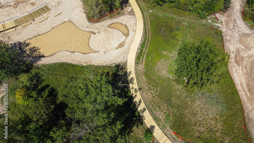 An overhead drone shot captures Nowicki Park in Rochester Hills, Michigan under construction