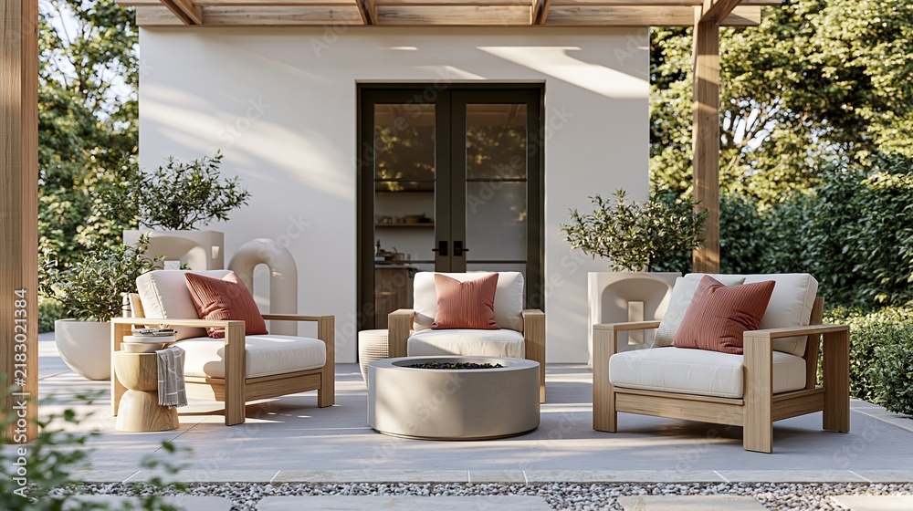 Obraz premium Modern wooden patio furniture with fire pit on