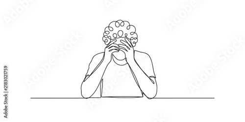 Sad person holding head in hands continuous line drawing